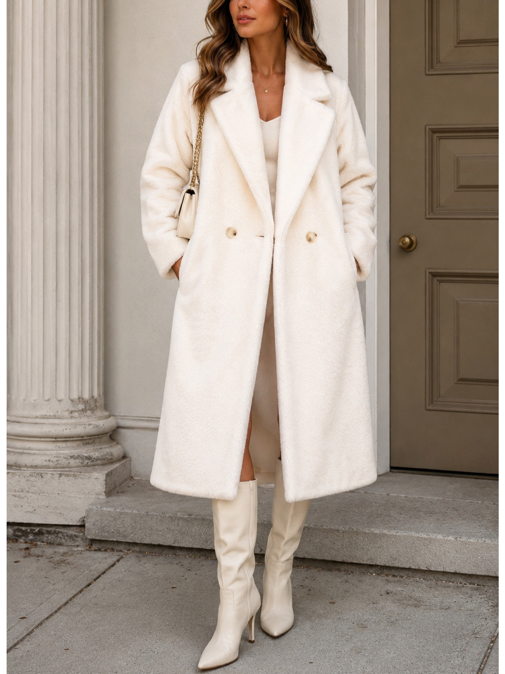 Oh Polly Ivory Faux Fur Teddy Coat M Double Breasted Long Soft Plush NWT